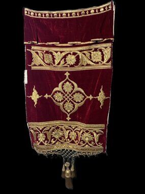 1800s French Metallic Embroidery on Red Velvet Wall Hanging